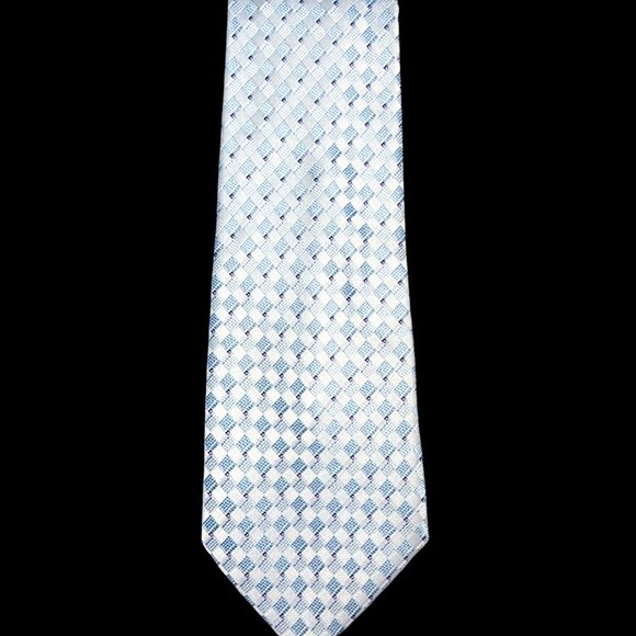 Kailong White & Light Blue Checkered Pattern 100% Silk Tie - Picture 1 of 5
